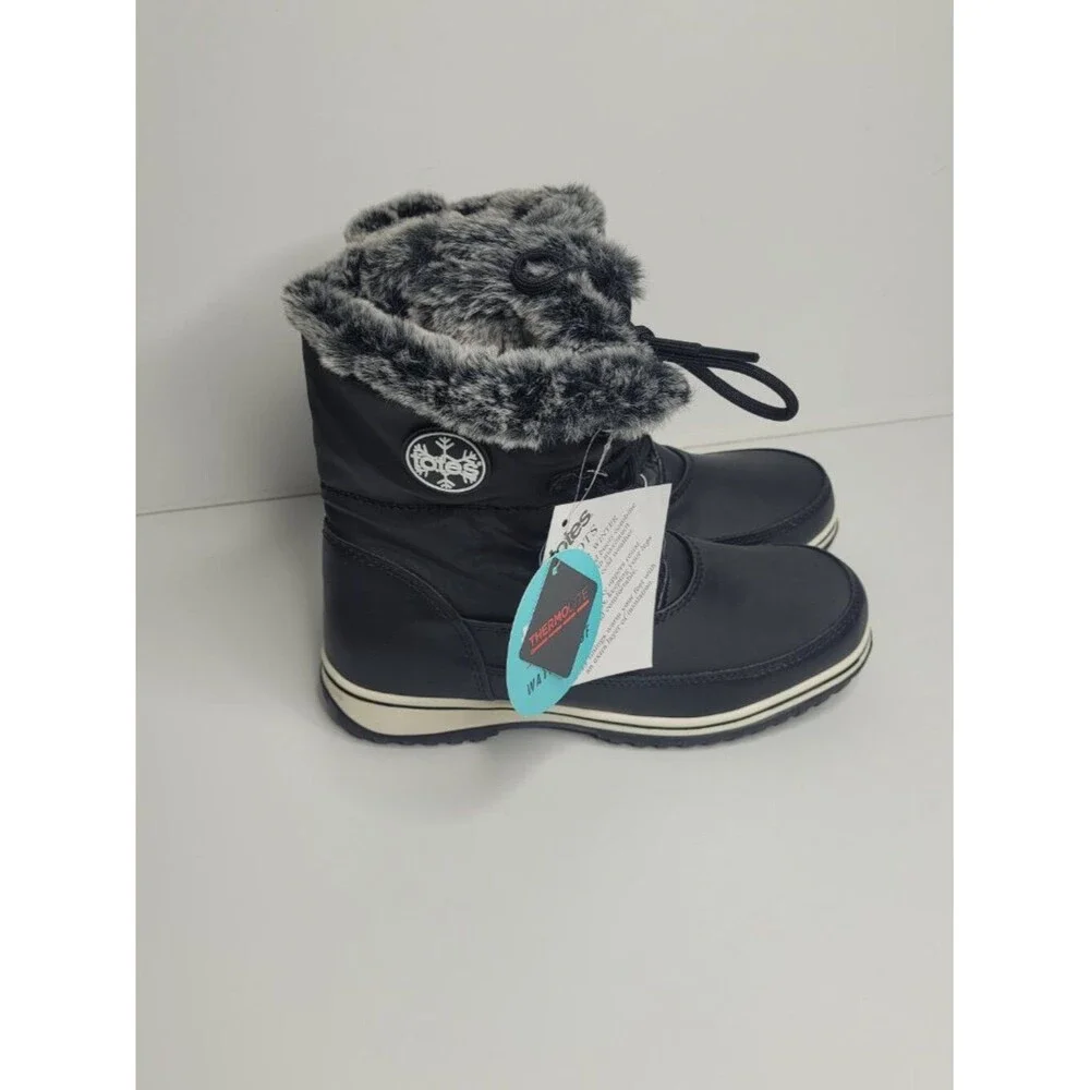 Totes Black Avery Winter Boots faux fur zip side waterproof size 6 NWT